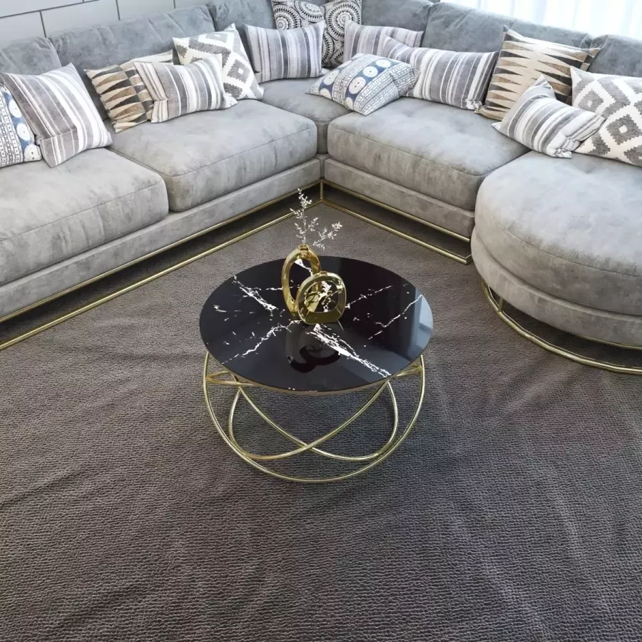 Mirmu Ronde Salontafel Gouden Poot Zwart Marmer Look Onbreekbaar Glas