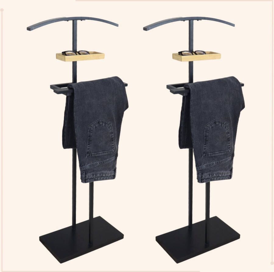 MISOU Dressboy Kledingstandaard 2 Stuks Kledinghouder Zwart 114 cm Kledingrek Bamboe en metaal