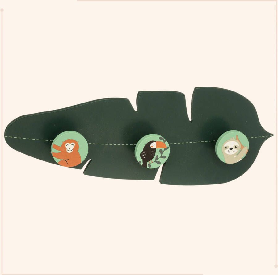 MISOU Kinderkapstok Jungle Dieren Blad Groen 3 Haken Hout