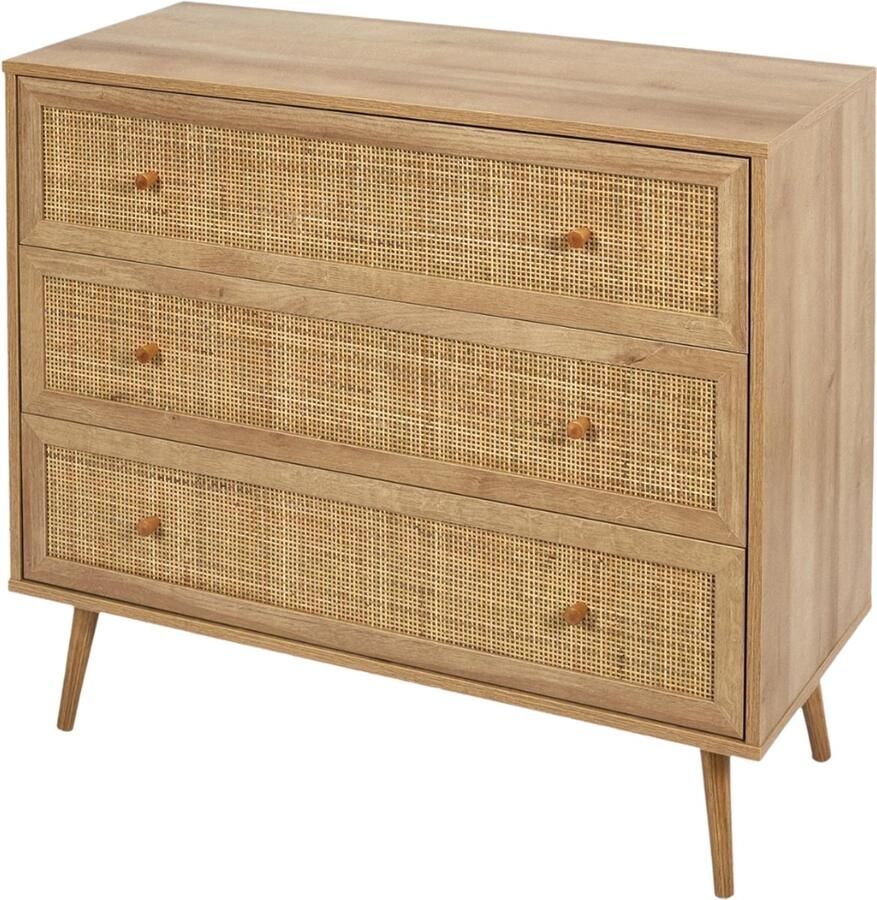 MISOU Bali Commode Ladekast Dressoir op Poten met 3 Lades Woonkamer Opbergkast Rotan Hout