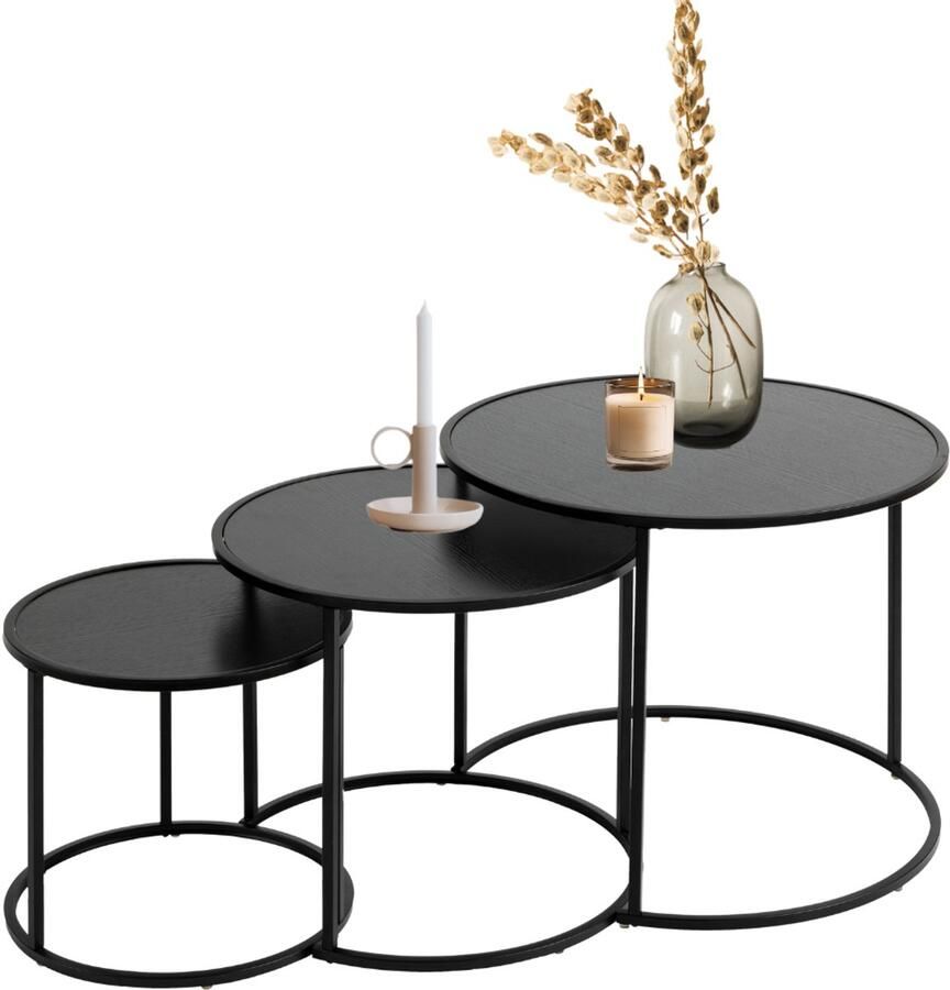 MISOU Bijzettafel Rond set van 3 Koffietafel Modern Organisch Zwart Hout MDF Staal CHUCK