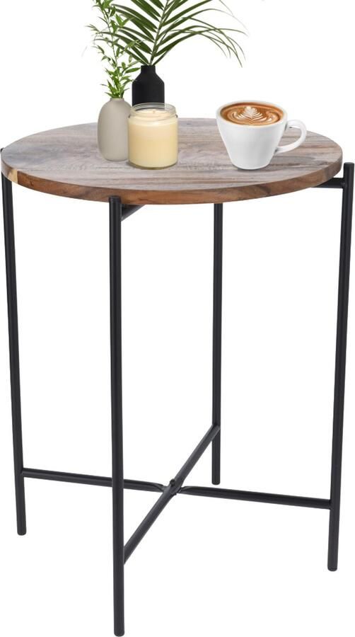 MISOU Bijzettafel Salontafel Metaal met Acacia Hout 40X48CM Bijzettafeltje