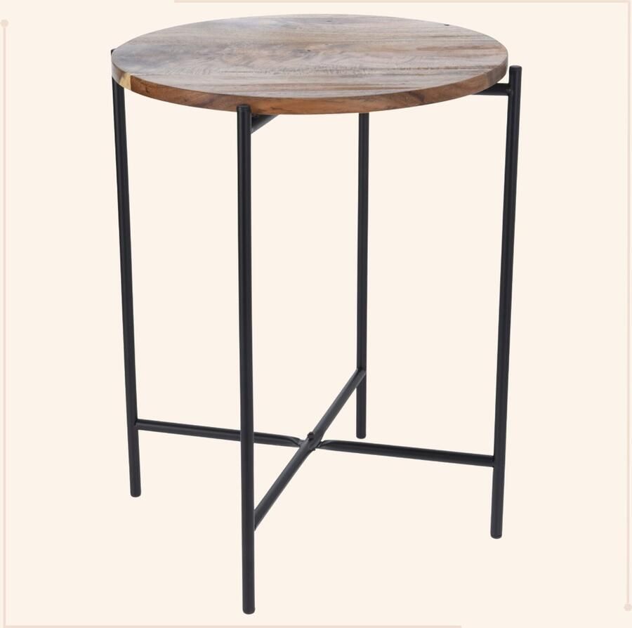 MISOU Bijzettafel Salontafel Metaal met Acacia Hout 40X48CM Bijzettafeltje - Foto 2