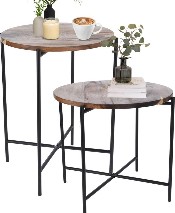 MISOU Bijzettafel Salontafel Metaal Set van 2 met Acacia Hout 40x48CM 45X38CM Bijzettafeltje