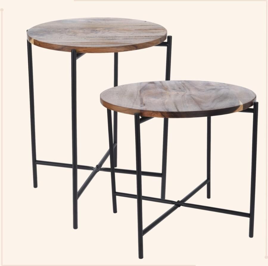 MISOU Bijzettafel Salontafel Metaal Set van 2 met Acacia Hout 40x48CM 45X38CM Bijzettafeltje - Foto 2