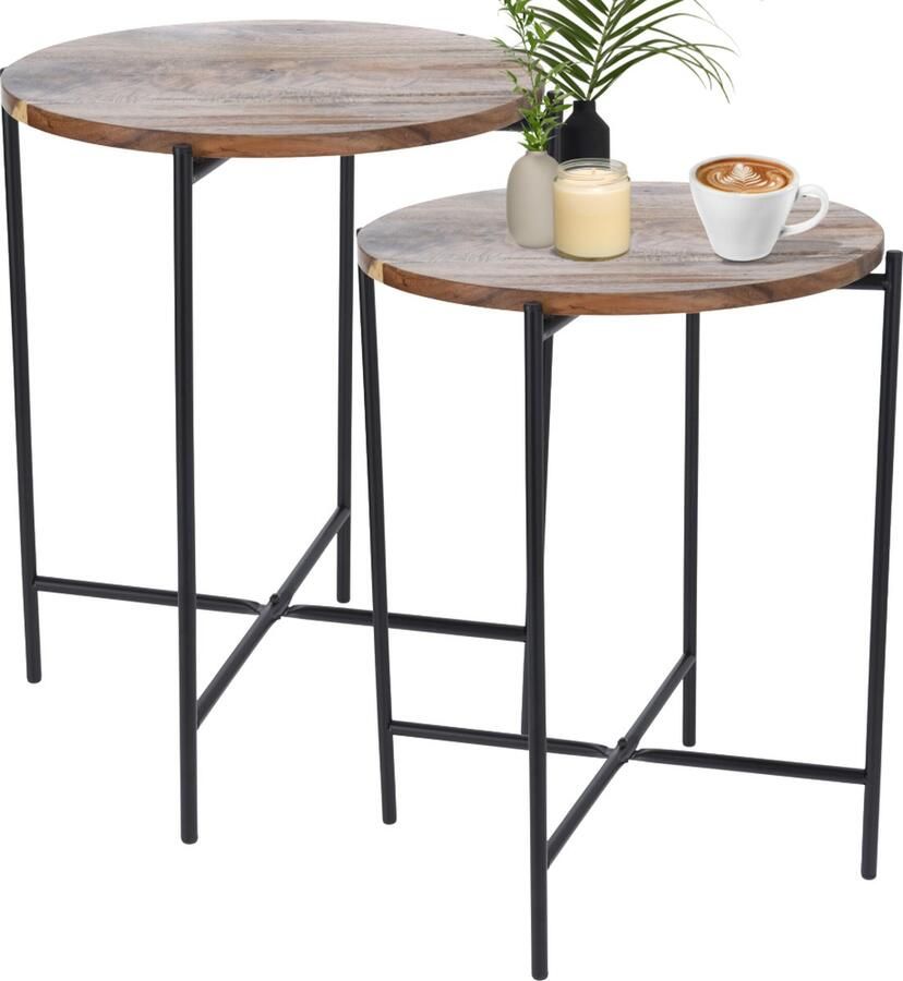 MISOU Bijzettafel Salontafel Set van 2 Metaal met Acacia Hout 40X48CM Bijzettafeltje