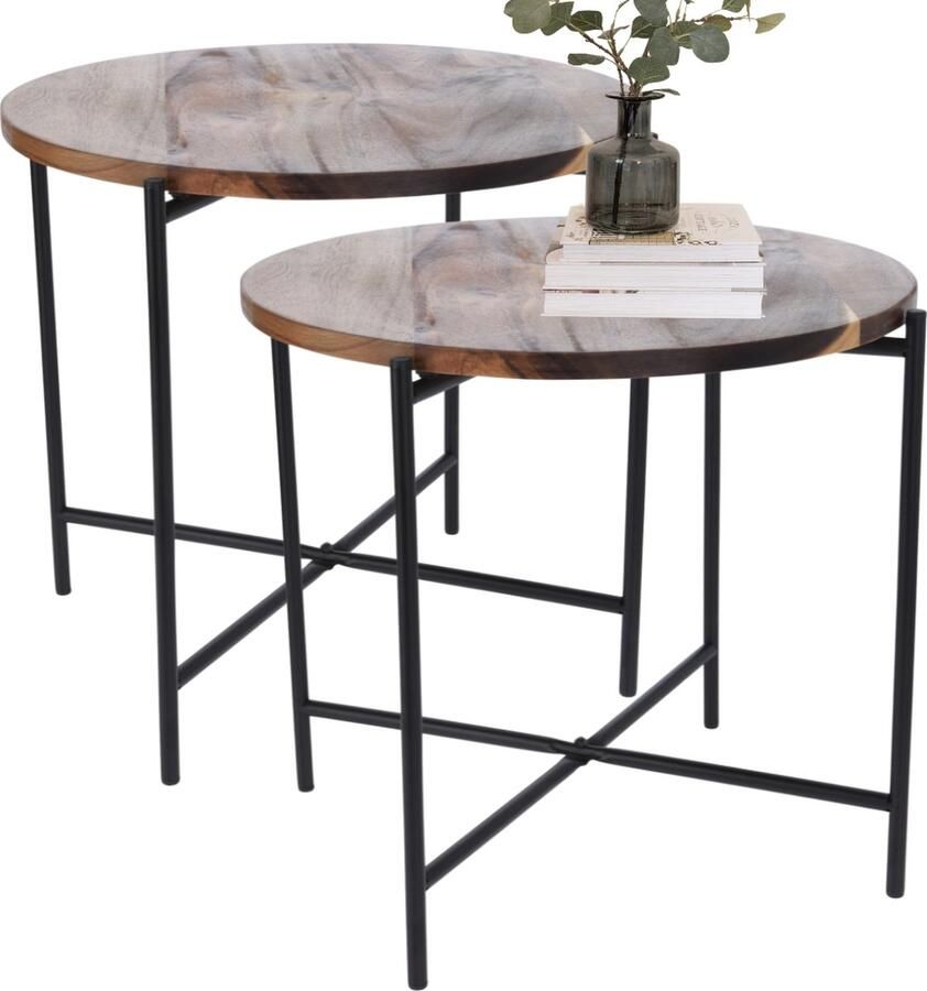 MISOU Bijzettafel Salontafel Set van 2 Metaal met Acacia Hout 45X38CM Bijzettafeltje