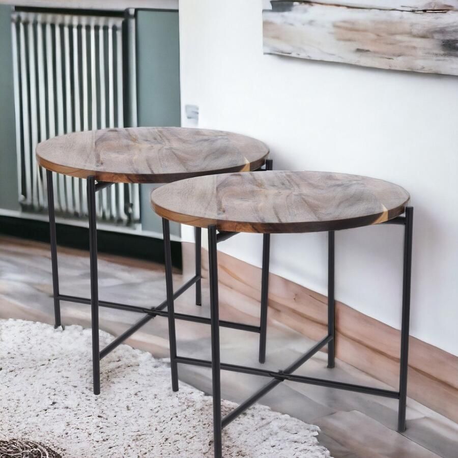 MISOU Bijzettafel Salontafel Set van 2 Metaal met Acacia Hout 45X38CM Bijzettafeltje - Foto 2