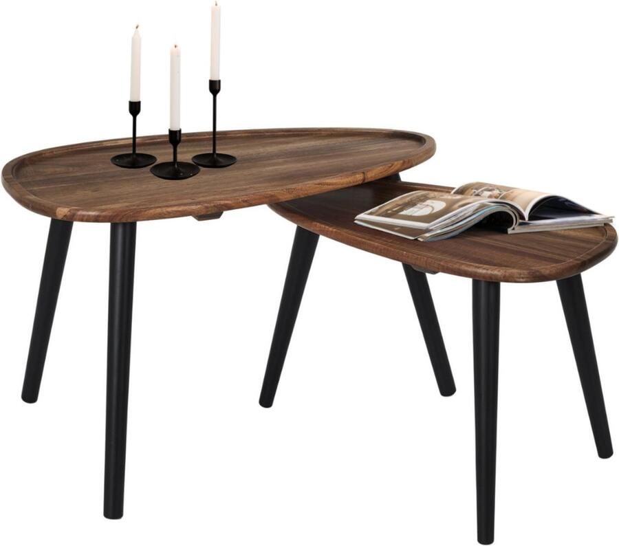 MISOU Bijzettafel Set van 2 Acacia Hout Driehoekig Salontafels Koffietafel Bijzettafeltjes woonkamer Bruin 60x40cm GAIA