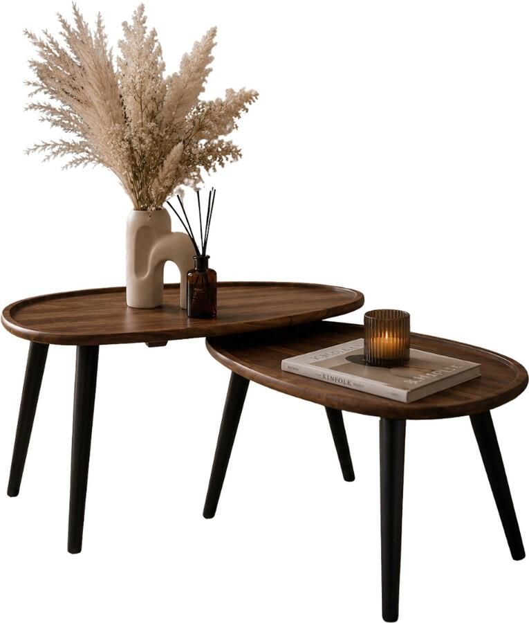 MISOU Bijzettafel Set van 2 Acacia Hout Driehoekig Tafeltje Salontafels- Bijzettafels Koffietafel Bijzettafeltjes woonkamer Bruin 60x40cm GAIA - Foto 2