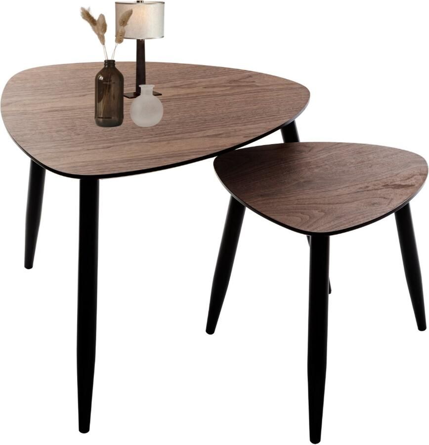 MISOU Bijzettafel set van 2 Organisch Koffietafel Modern Walnoot Hout Bruin Tafeltjes 60x48cm 40x40cm SILVA - Foto 2