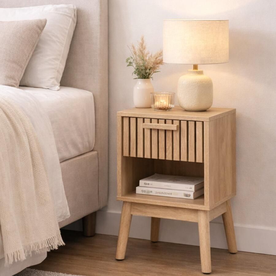 MISOU Nachtkastje Hout- met Lade Nachtkastje Beige Nachtkastje smal Bedtafel Open vak- Klaus 40x35x55cm