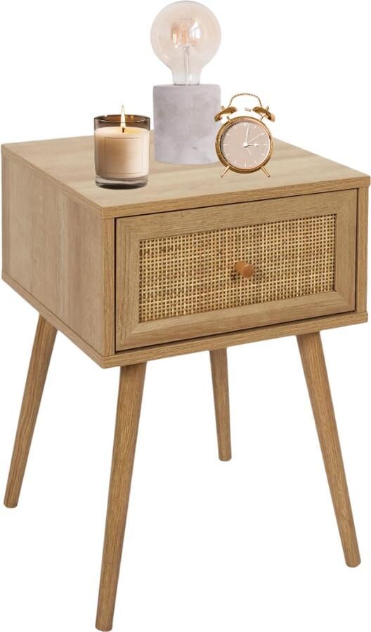 MISOU Nachtkastje Met Lade Modern Rotan Webbing Hout Slaapkamer Eiken Kleur BALI HANNAH