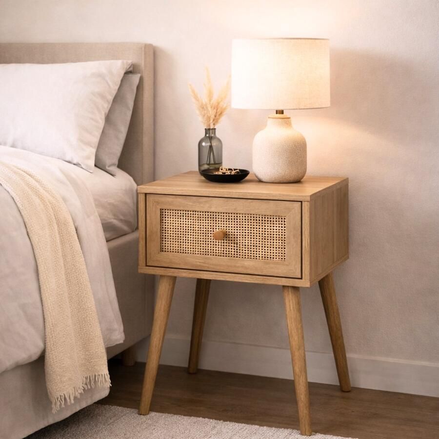MISOU Nachtkastje Met Lade Modern Rotan Webbing Hout Slaapkamer Eiken Kleur BALI HANNAH - Foto 2