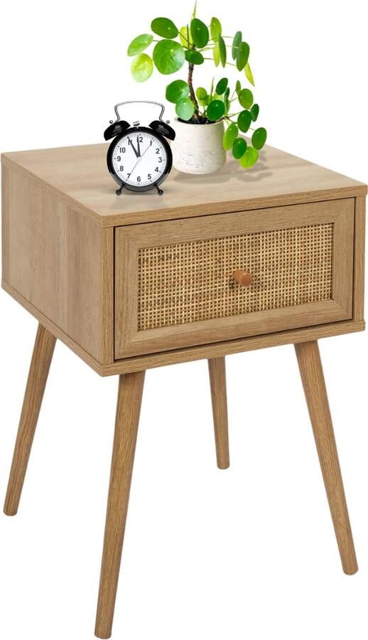 MISOU Nachtkastje Met Lade Modern Rotan Webbing Hout Slaapkamer Eiken Kleur BALI HANNAH - Foto 2