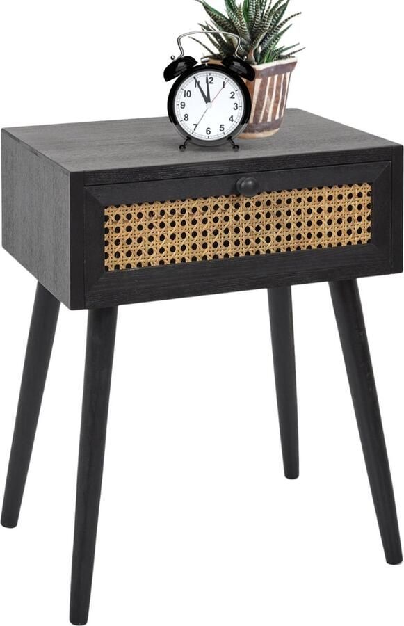 MISOU Nachtkastje Met Lade Rotan Webbing Hout Zwart HANNAH