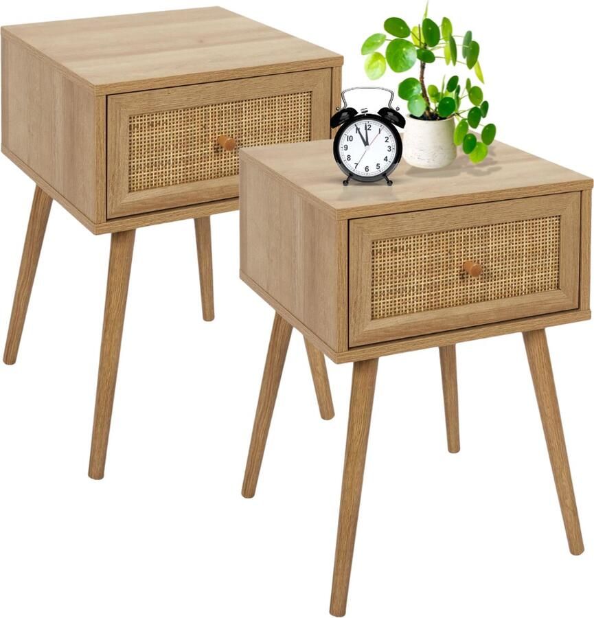 MISOU Nachtkastje Met Lade Set van 2 Rotan Webbing Hout BALI HANNAH