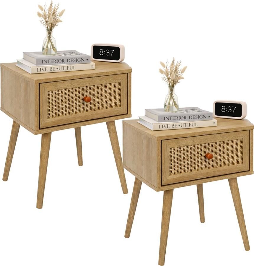 MISOU Nachtkastjes Met Lade Set van 2 Rotan Webbing Hout BALI HANNAH - Foto 2