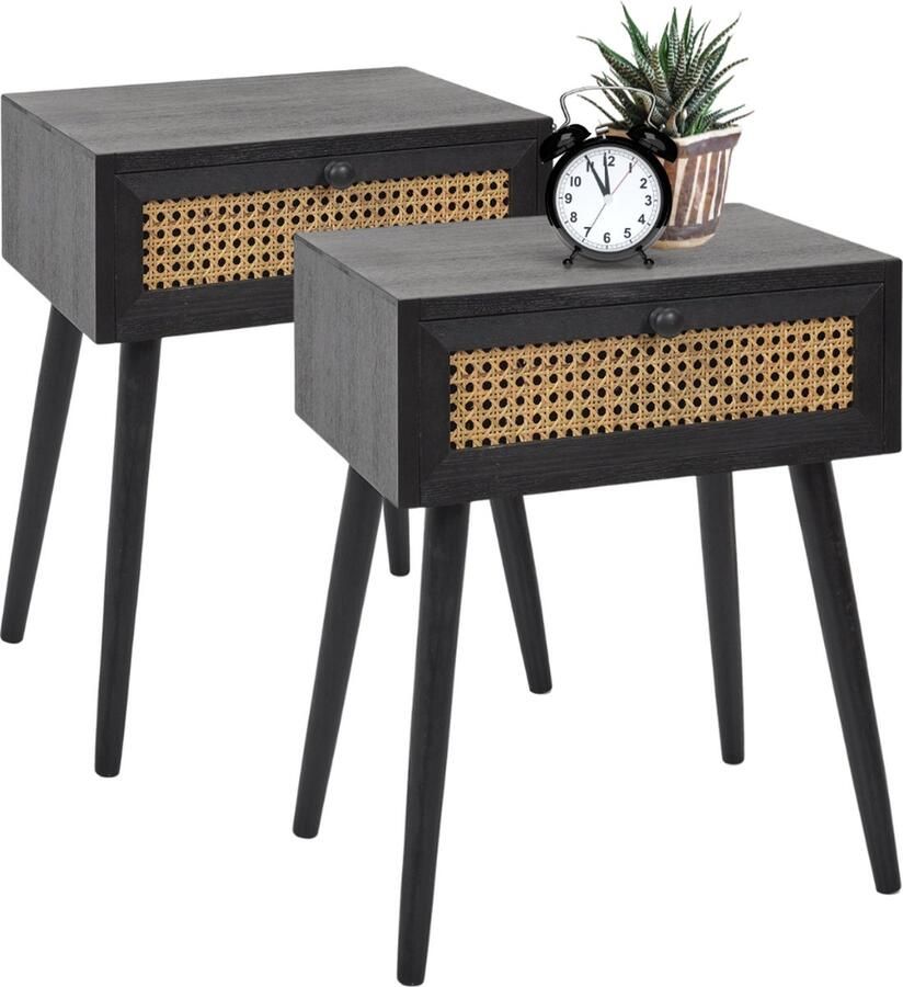 MISOU Nachtkastje Met Lade Set van 2 Rotan Webbing Hout Zwart