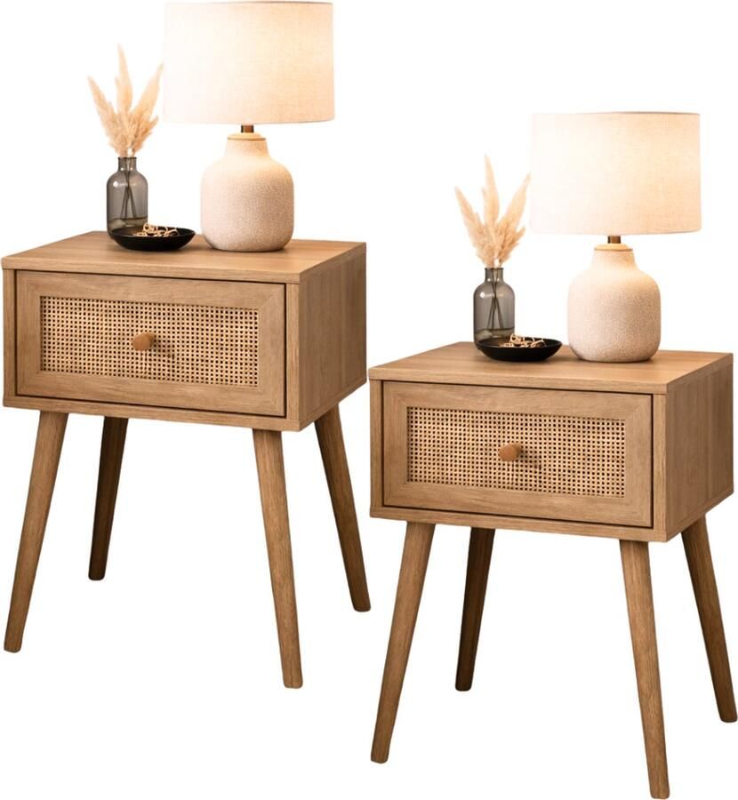 MISOU Nachtkastjes Met Lade Set van 2 Rotan Webbing Hout BALI HANNAH - Foto 3