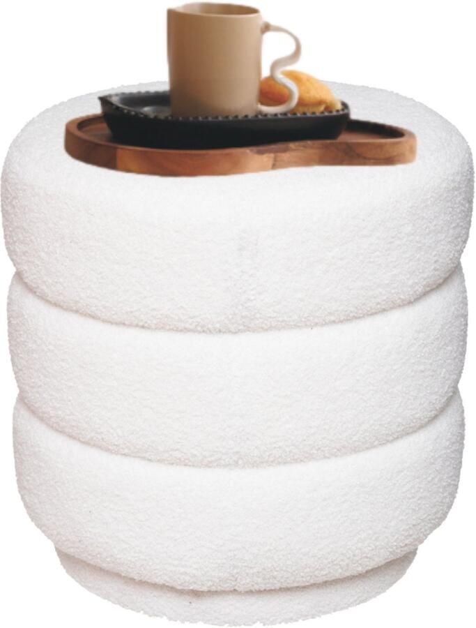 MISOU Poef Teddy Stoel Teddy Poef Rond Hocker Bijzettafel Bouclé Stof Wit 37x40cm COZY