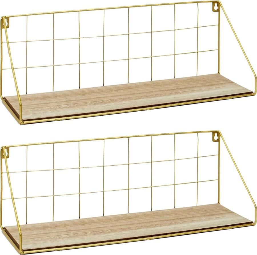 MISOU Zwevende Wandplank 2 Stuks Industrieel Hout Muurdecoratie Goud Boekenrek 44 5x15 5cm Fotoplank Wandrek Wanddecoratie