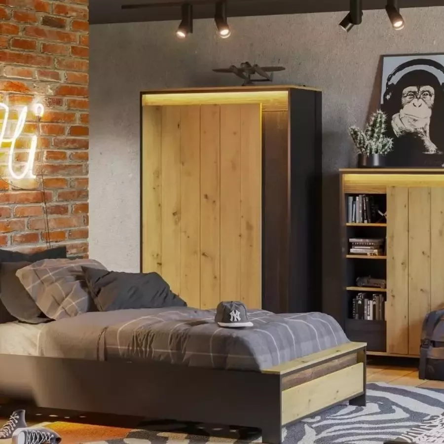 Misterbed Spot 2-Deurs Kledingkast met LED verlichting H196 Artisan Eik Zwart