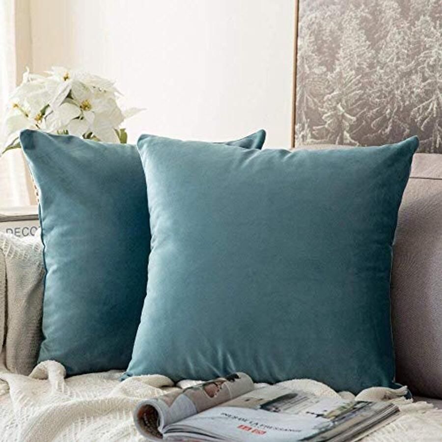 Miulee Set van 2 fluweelzachte effen decoratieve vierkante kussenslopen kussensloop voor bank slaapkamer blauwgroen 40x40 cm