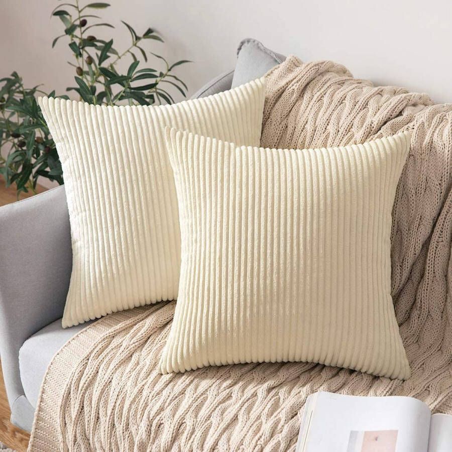 Miulee Set of 2 Decorative Corduroy Cushion Covers for Sofa Decorative Pillow Case for Home Living Room Bedroom Bed Office 60 x 60 cm Beige