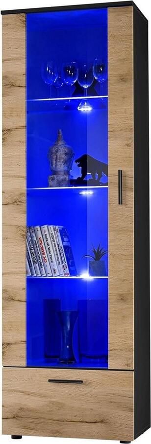 DailySupplies Vitrinekast met led Verlichting Vitrinekast met Glas Vitrinekasten Woonkamer 50x70x200cm Zwart en Bruin