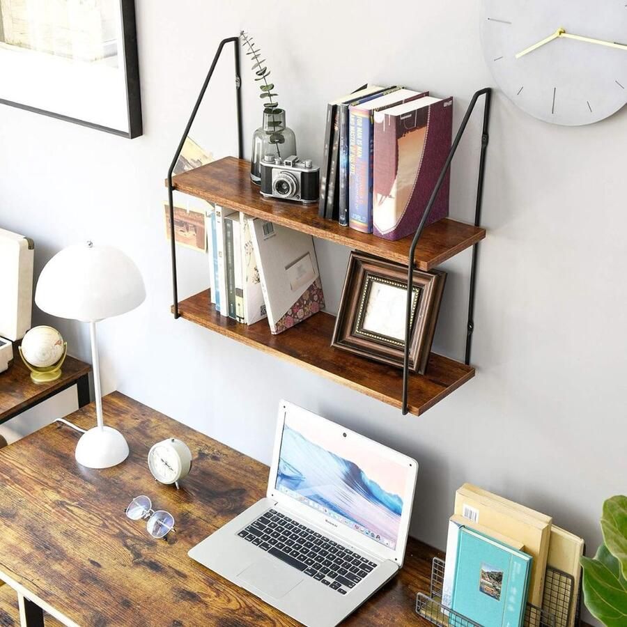 MKSS Wandplank Houten Plank Wandmontage Hoekrek Display Decor Dubbele Hoekplank Organizer voor Slaapkamer Keuken Badkamer Bruin