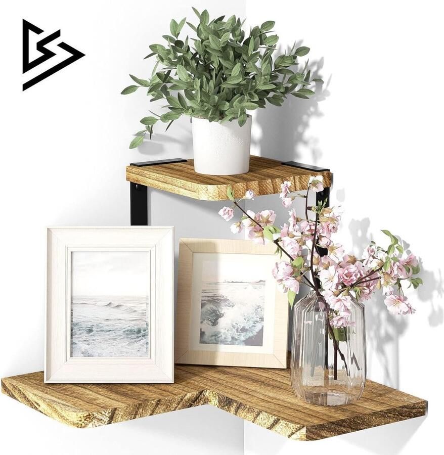 MKSS Wandplank Houten Plank Wandmontage Hoekrek Display Decor Hoekplank Organizer voor Slaapkamer Keuken Badkamer 2Stuks Bruin Vintage