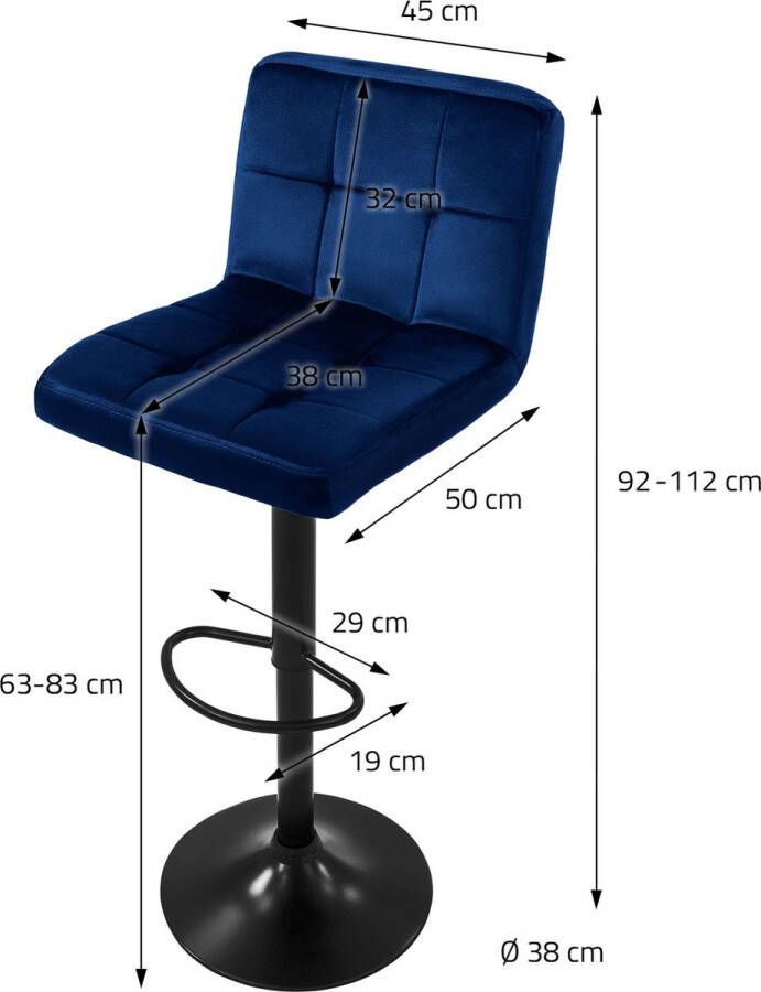 ML-Design Barkruk set van 2 blauw fluwelen bekleding met rugleuning en voetensteun in hoogte verstelbaar 63-83cm - Foto 2