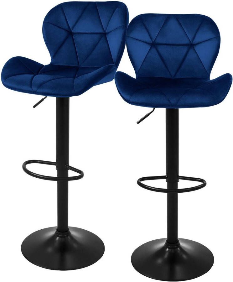 ML-Design Barkruk set van 2 blauw fluwelen bekleding met rugleuning en voetensteun in hoogte verstelbaar 59-79cm - Foto 1