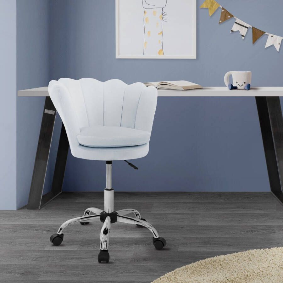 ML-Design Bureaustoel met wielen en rugleuning schelpdesign 55x60 cm lichtblauw fluweel metalen frame - Foto 2