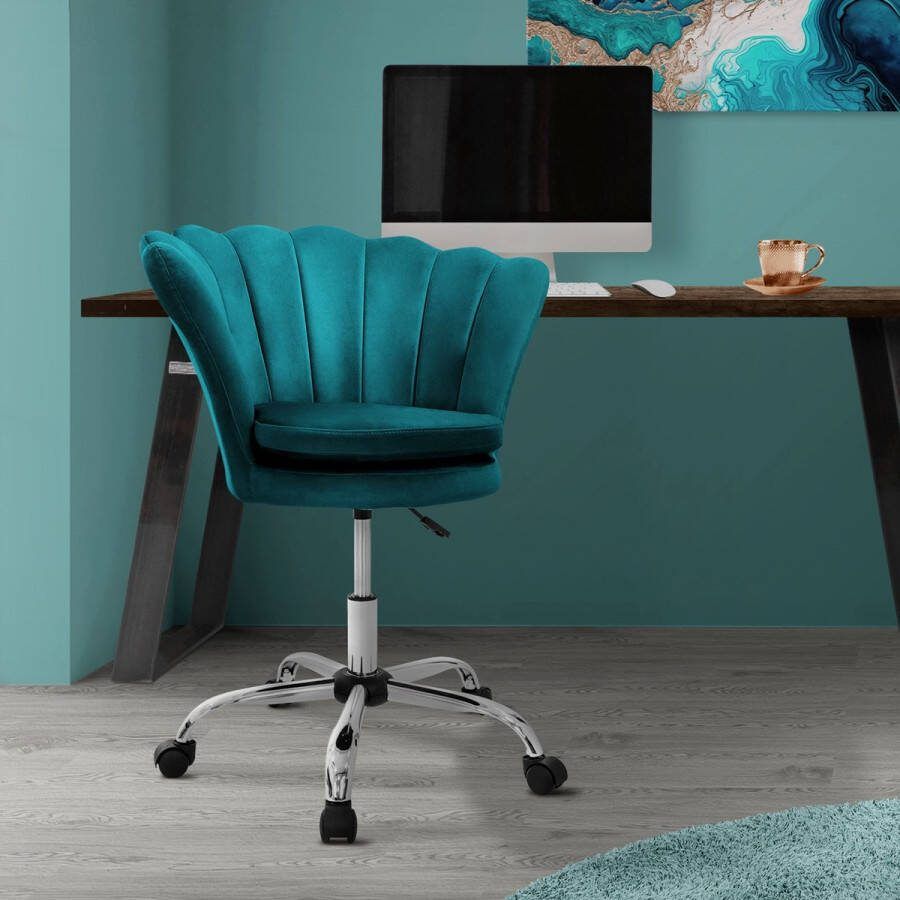 Ml-design Bureaustoel met wielen en rugleuning schelpdesign 68x68 cm petrol fluweel metalen frame - Foto 2