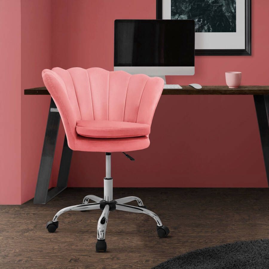ML-Design Bureaustoel met wielen en rugleuning schelpdesign 68x68 cm roze fluweel metalen frame - Foto 2