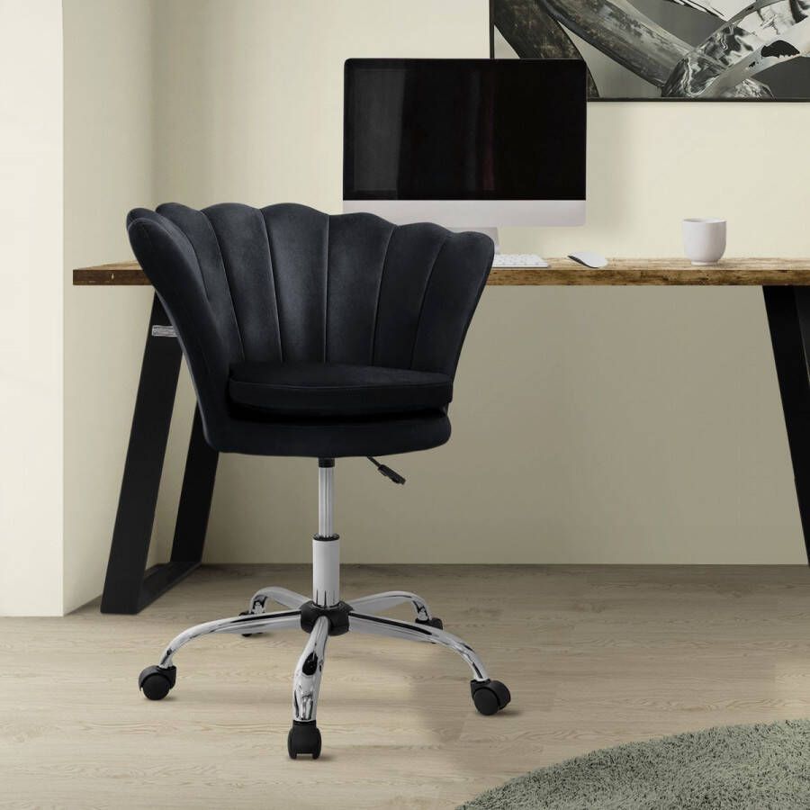 ML-Design Bureaustoel met wielen en rugleuning schelpdesign 68x68 cm zwart fluweel metalen frame - Foto 2