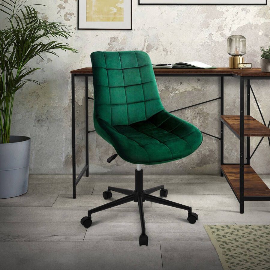 ML-Design Bureaustoel op wielen groen met fluwelen bekleding en metalen frame - Foto 2