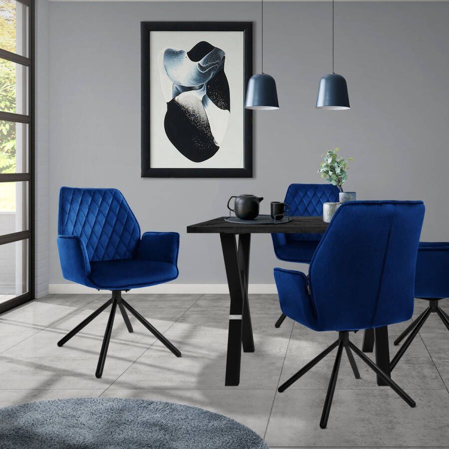 ML-Design Draaibare eetkamerstoel met armleuning & rugleuning donkerblauw fluweel - Foto 2