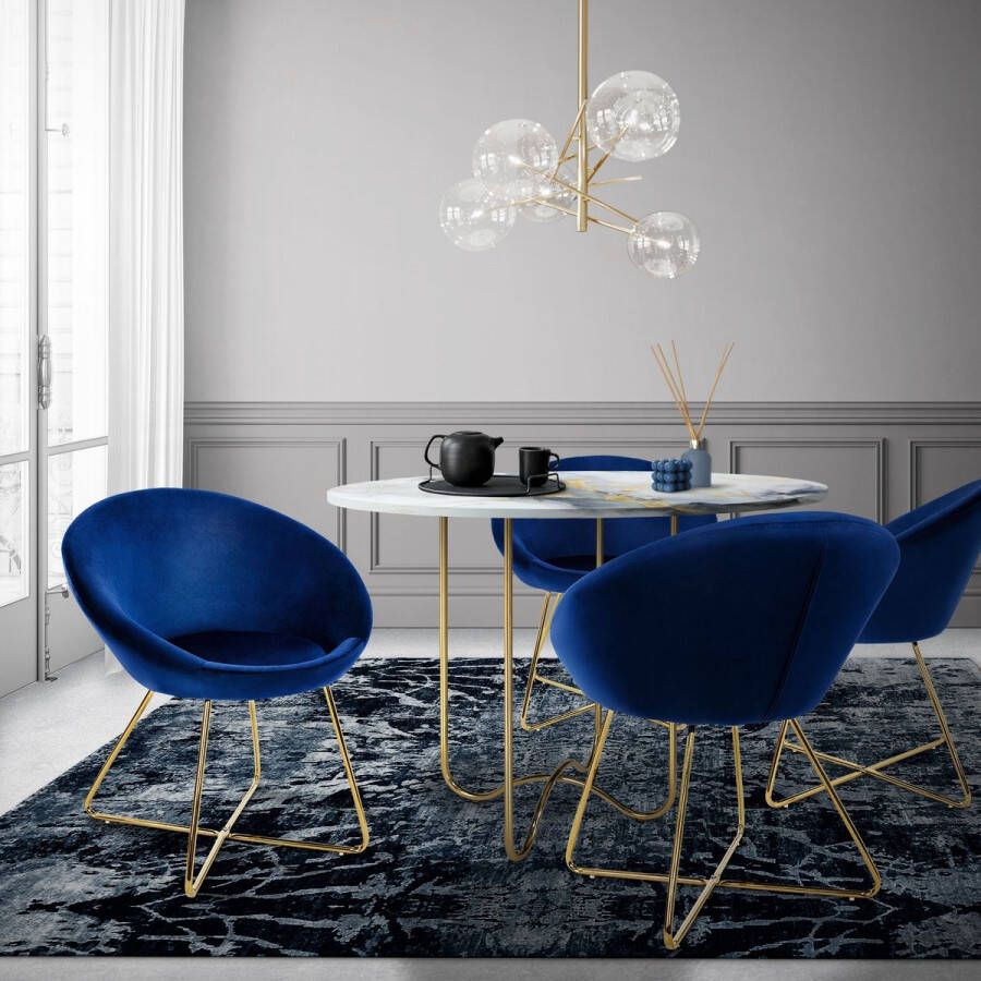 Ml-design eetkamerstoelen set van 2 fluweel blauw woonkamerstoel met ronde rugleuning gestoffeerde stoel met goudkleurige metalen poten ergonomische eettafel fauteuil keukenstoel kuipstoel - Foto 2