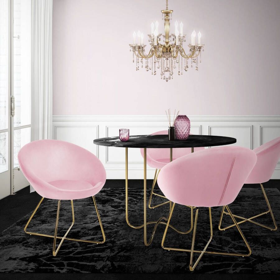 Ml-design eetkamerstoelen set van 2 fluweel roze woonkamerstoel met ronde rugleuning gestoffeerde stoel met goudkleurige metalen poten ergonomische eettafel fauteuil keukenstoel kuipstoel