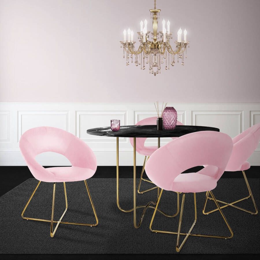 Ml-design eetkamerstoelen set van 2 roze fluweel woonkamerstoel met ronde rugleuning gestoffeerde stoel met gouden metalen poten ergonomische eettafel fauteuil keukenstoel kuipstoel kaptafelstoel - Foto 1