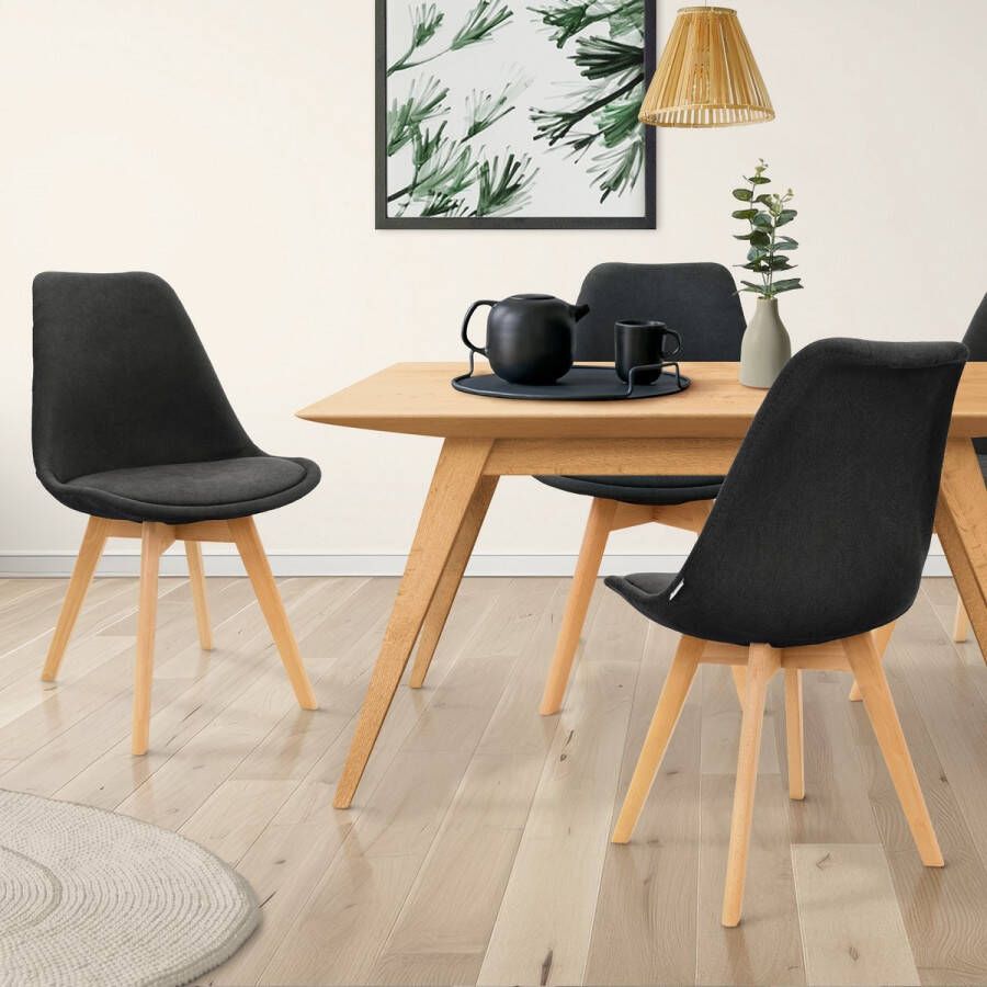 Ml-design Eetkamerstoelen Set van 4 Zwart Linnen Bekleding met Houten Poten - Foto 2
