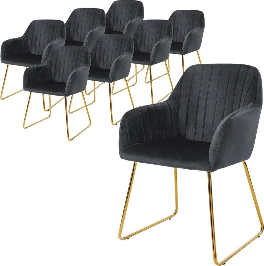 Ml-design eetkamerstoelen set van 8 fluwelen zitting grijs woonkamerstoel met rugleuning en armleuningen keukenstoel met gouden poten gestoffeerde stoel met metalen frame ergonomische armstoel voor eettafel - Foto 2