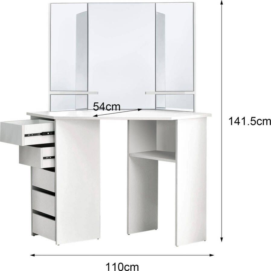 Ml-design Hoek kaptafel wit met 3 spiegels donkergrijs krukje 5 laden & 3 opbergvakken 110x141 5x54 cm cosmeticatafel voor dames en meisjes kaptafel ladekast gemaakt van MDF hout
