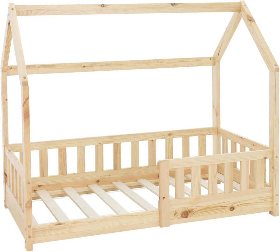 ml-design Kinderbed met bescherming tegen uitvallen lattenbodem en dak 70x140 cm Dennenhout naturel