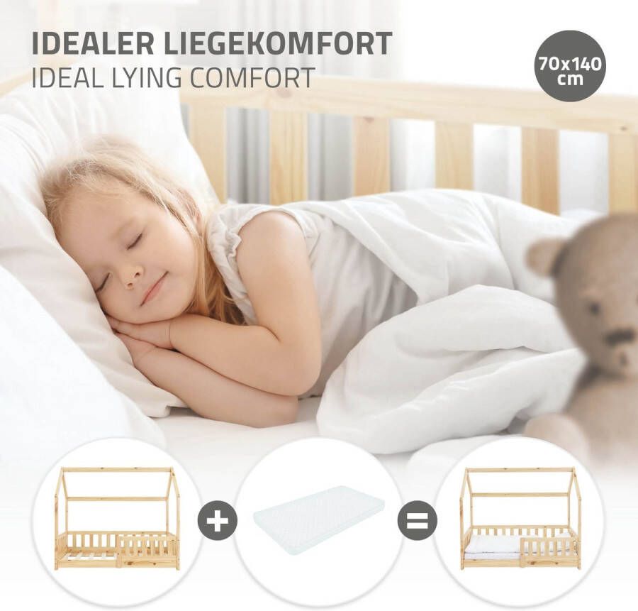 Ml-design Kinderbed met bescherming tegen uitvallen lattenbodem en dak 70x140 cm Dennenhout naturel