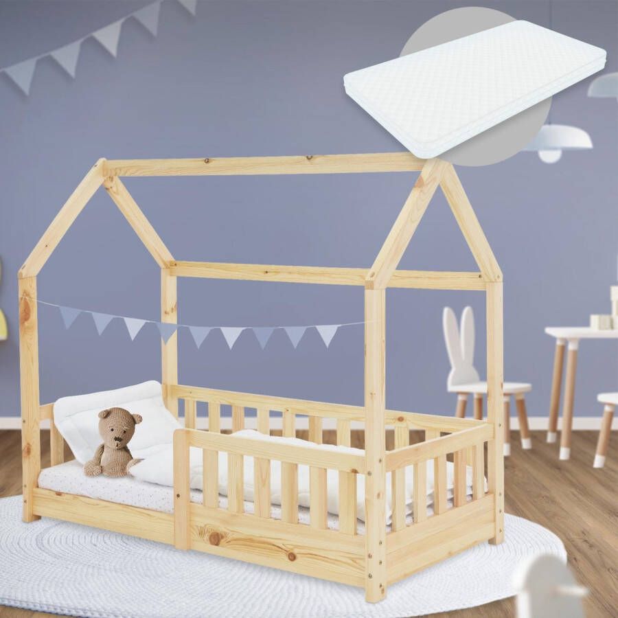 ml-design Kinderbed met bescherming tegen uitvallen lattenbodem en dak 70x140 cm Dennenhout naturel