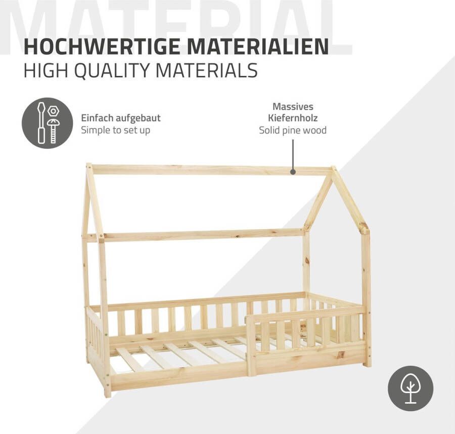 Ml-design Kinderbed met bescherming tegen uitvallen lattenbodem en dak 80x160 cm Natuurlijk dennenhout